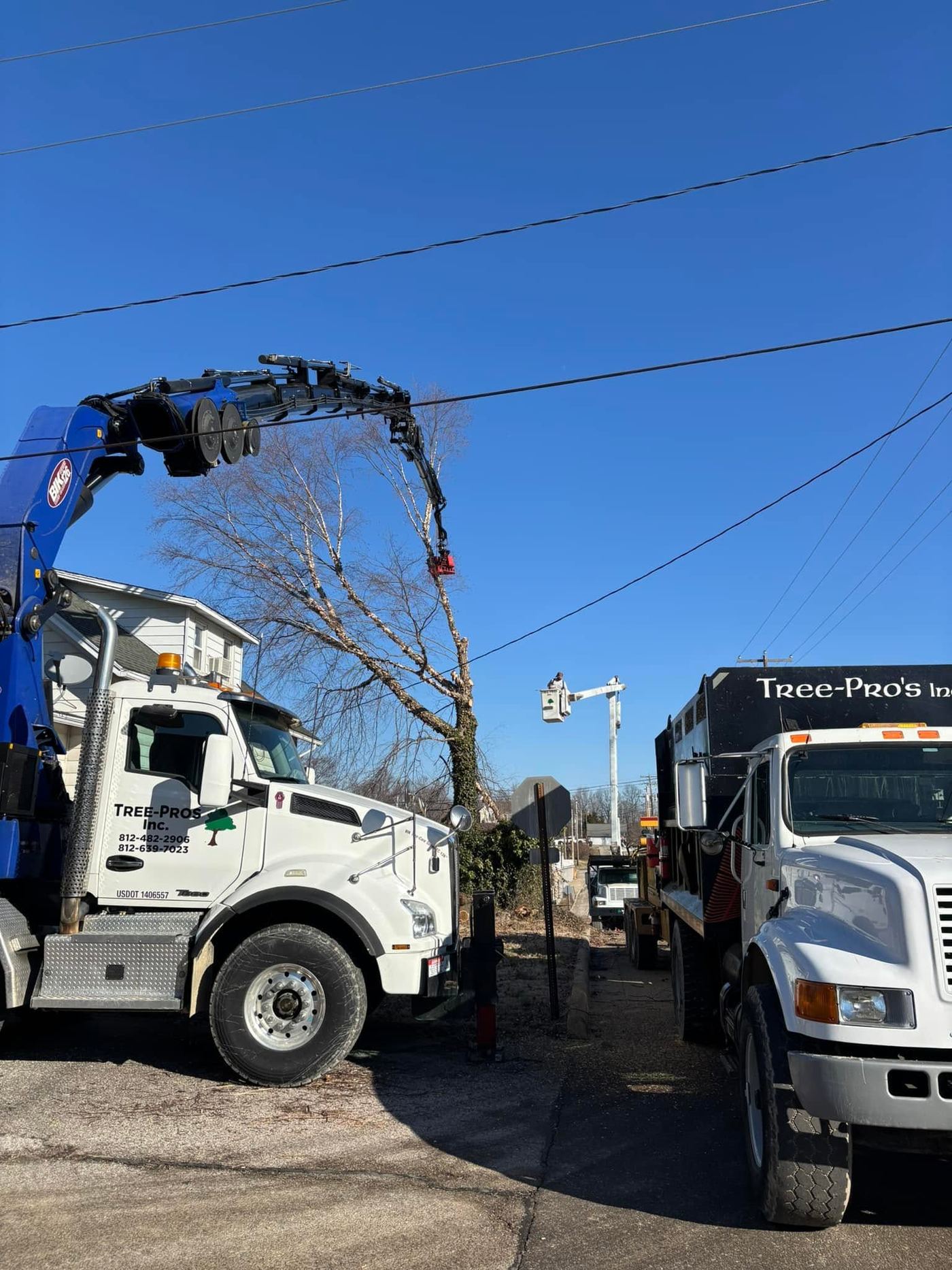 Grapple crane truck working carefully near overhead lines