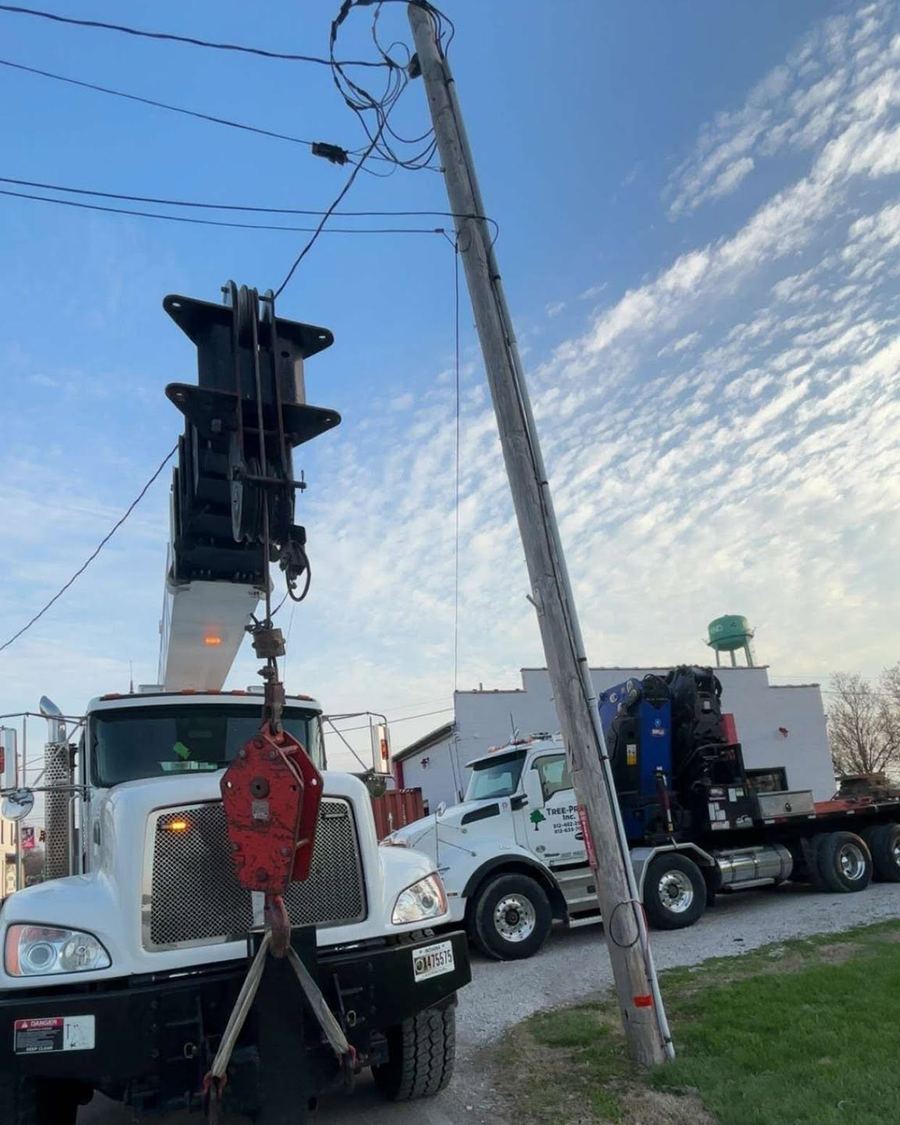 Boom trucks lifting a heavy trunk section during storm clean-up